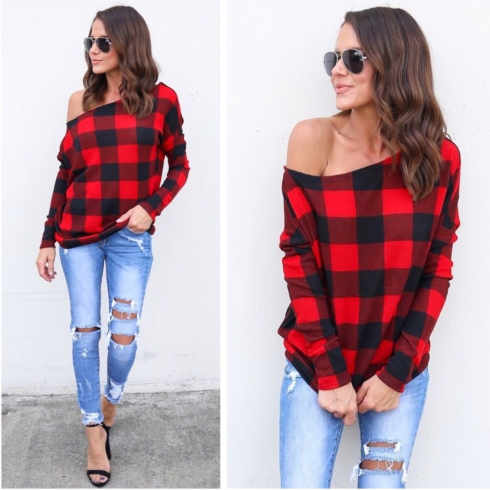 Red Black Plaid top off shoulder